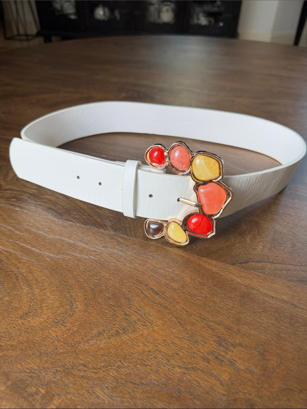 VENUS White Belt with Multicolor Gemstone Buckle 38.5” Length Pink Coral Yellow